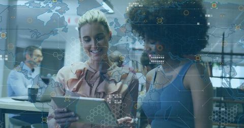 Professionals Collaborating in Futuristic Tech Workspace with Digital Interface