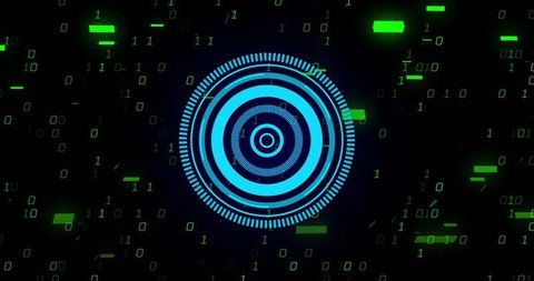 Neon cyber hud interface with concentric rings and binary rain for futuristic data visualization