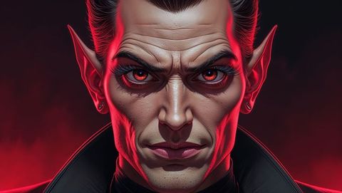 Lucifer portrait in red light high-collared cloak and hoop earring