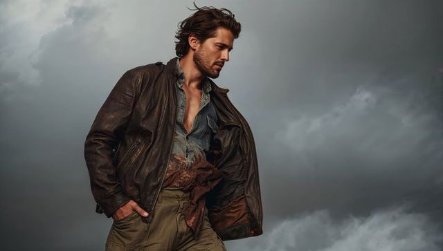 Rugged man standing and turning under stormy sky wearing leather jacket and denim shirt