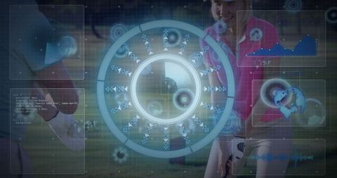 Golfer couples embracing technology with futuristic hud overlay