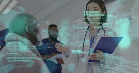 Female physician consulting elder patient with digital health data overlay