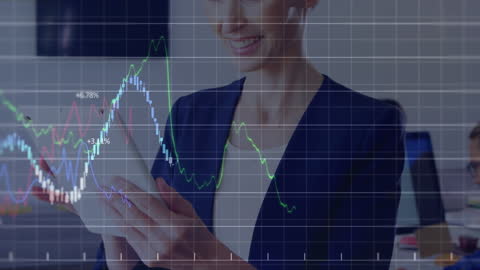 Consultant Using Tablet with Financial Stock Data Overlay