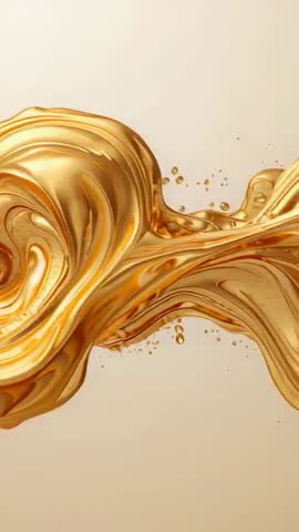 Rotating liquid gold ribbon flowing across beige backdrop while shedding glossy droplets