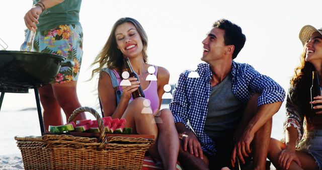 Diverse Friends Enjoying Beach Party with Basket of Watermelon - Download Free Stock Images Pikwizard.com