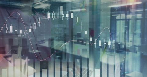 Candlestick Charts Overlaying Office Interior with Businesswoman Silhouette and Analytics