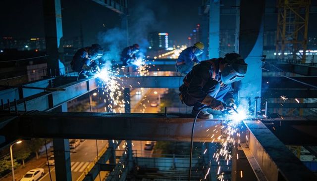 Nighttime high-rise welders welding steel beams on urban construction site