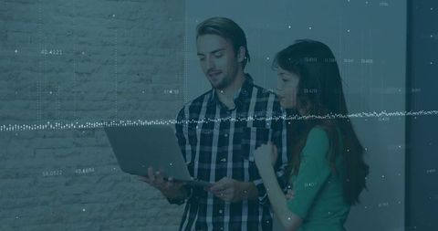 Reviewing audio waveform on laptop with data overlay for collaborative audio analysis
