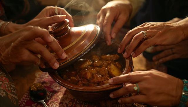 Hands lifting tagine lid revealing steaming moroccan stew, communal sharing cozy