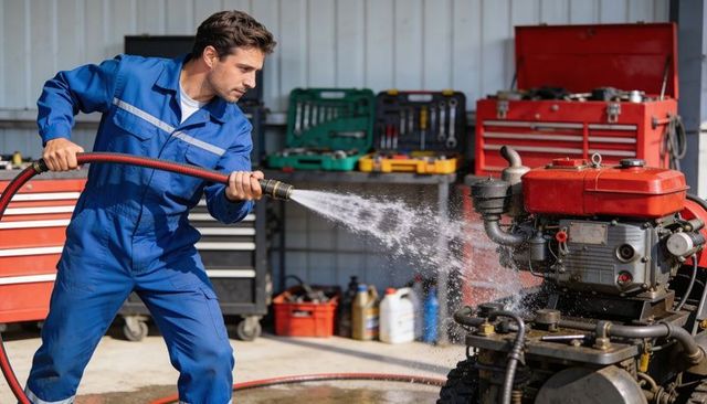 Mechanic power-washing small engine in workshop cleaning industrial tools