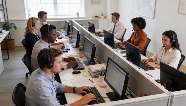 Customer service team working in modern open-plan call center with headsets and computers