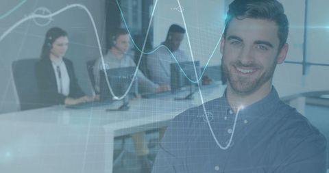 Businessman with Colleagues and Digital Financial Graph Overlay