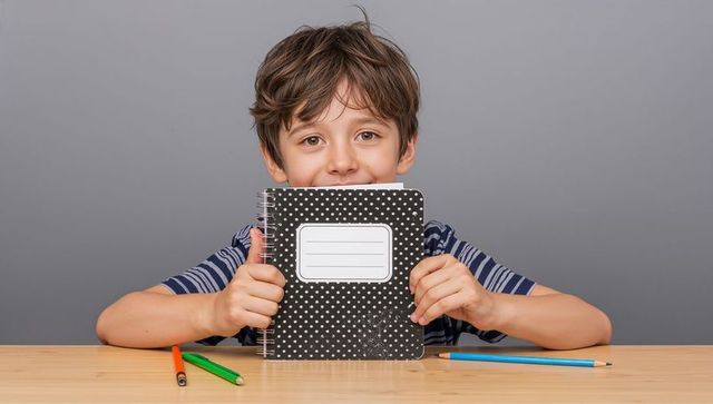 Smiling boy peeking behind polka dot notebook at desk with colored pencils, playful expression