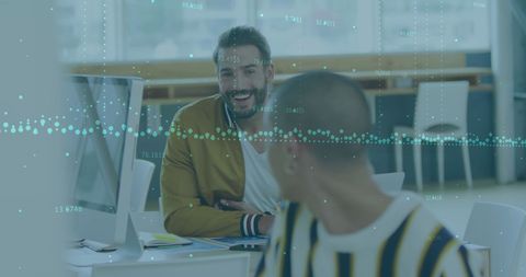 Financial Data Overlay on Business Team in Modern Office