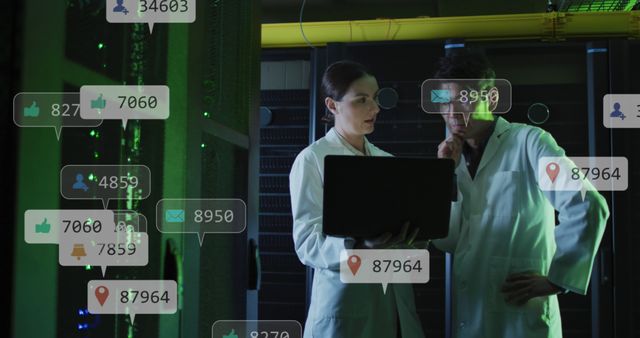 Scientists Analyzing Data on Laptop in Server Room with Social Media Metrics - Download Free Stock Images Pikwizard.com