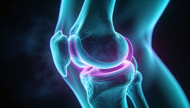 Neon 3d knee joint illustration showing femur tibia patella and cartilage in cyan magenta