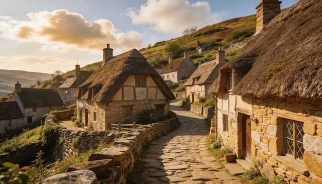 Basking thatched cottages lining sunlit cobblestone lane in rural hillside village