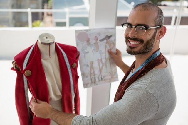 Portrait of smiling designer standing by mannequin at office