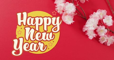 Chinese New Year Greeting with Blossoms on Red Background