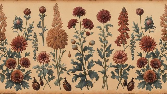 Detailed vintage botanical illustration of chrysanthemum blooms