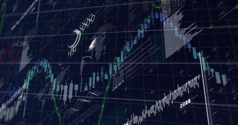 Futuristic financial dashboard with neon cyan candlesticks and green rising trendline 2026