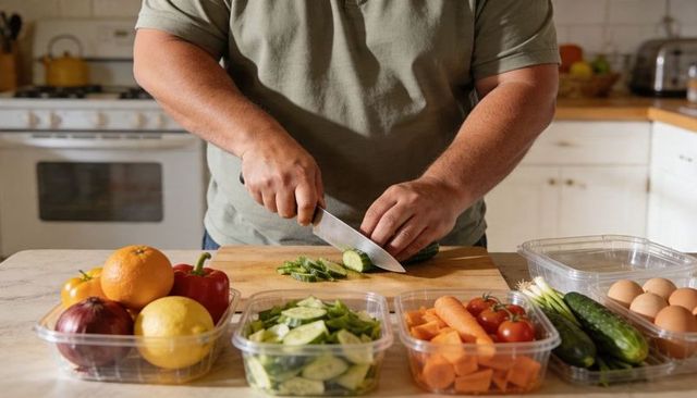 Home cook chopping cucumber for meal prep on sunlit countertop with fresh veg containers