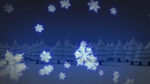 Visual shows animated glowing snowflakes floating across a dark blue night sky over a snow-covered field and Christmas trees. Ideal for holiday-themed designs, winter promotions, festive greetings, and seasonal digital content.