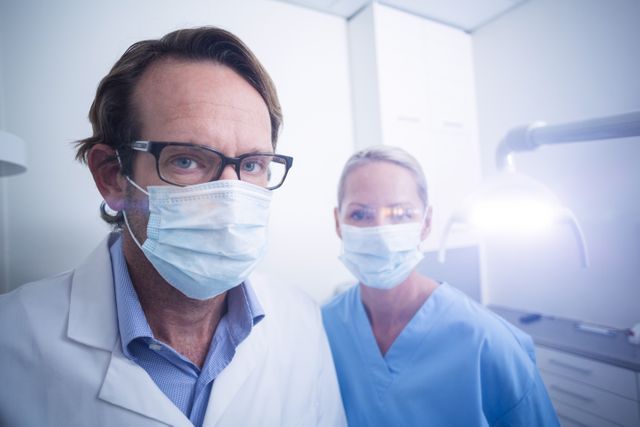 Portrait of dental assistant and dentist wearing surgical mask in dental clinic