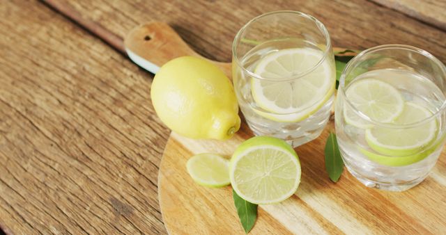 Two glasses filled with water contain lemon and lime slices placed on wooden cutting board. Surrounded by fresh lemon and lime slices, it captures essence of health, freshness, and refreshment. Ideal for articles or advertisements related to healthy living, summer drinks, and home decor.