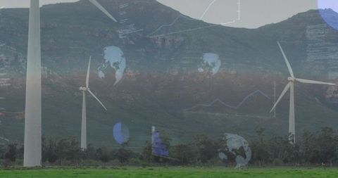 Wind farm with digital globe overlays illustrating renewable energy and smart grid