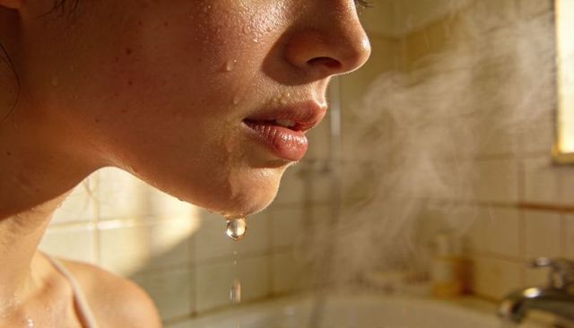 Glistening jawline and dripping water droplet, steamy bathroom closeup sunlit