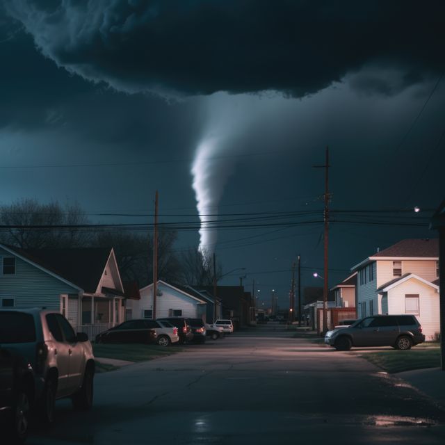 Huge tornado swirling over city at night, created using generative ai technology. Power in nature, danger and natural disaster concept digitally generated image.