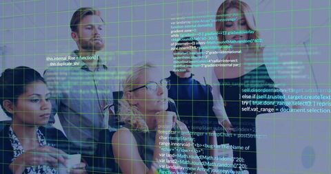 Cross-functional team collaborating on code review with digital grid and data overlay