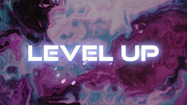 This design features bold text 'Level Up' set against a blend of vibrant abstract colors. Inspiration for digital creatives or gaming enthusiasts, ideal for presentations, slideshows, posters, or digital media headers aiming for positive, motivational vibes.