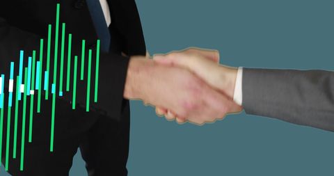 Business partnership with digital overlay showing financial data