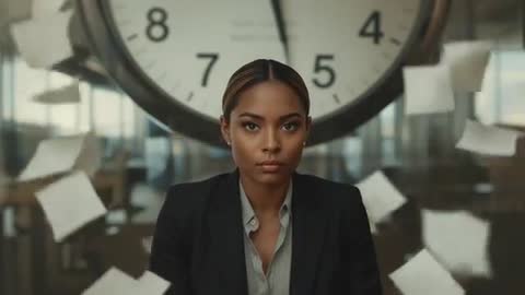 Black Executive Holding Calm Gaze as Clock Ticking Down and Documents Floating Around Desk