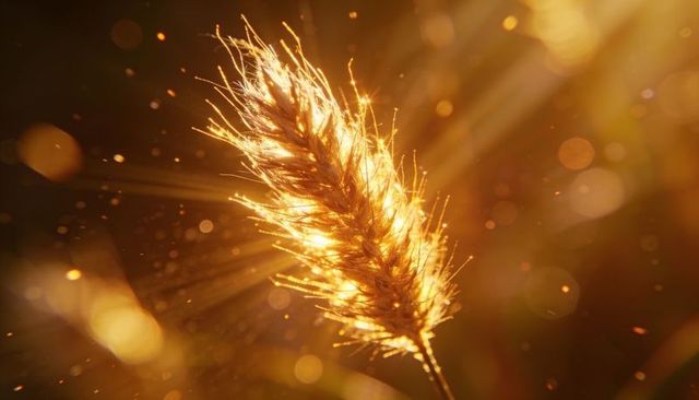 Glowing foxtail seedhead catching golden sun rays with pollen motes and warm bokeh glow