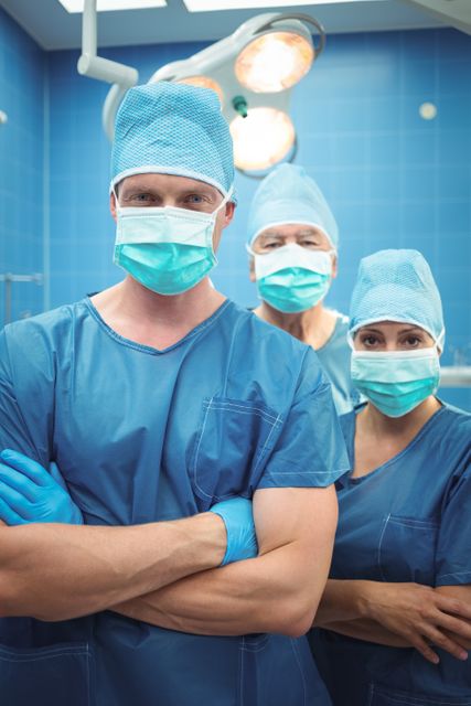 Team of surgeons standing with arms crossed in operation theater at hospital