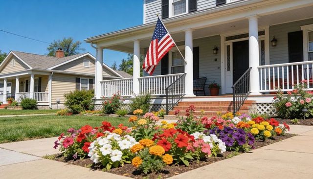 Colorful flower bed blooming in suburban front yard with american flag on porch
