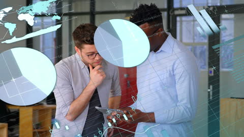 Diverse Team Discussing Financial Data on Tablet with Global Charts