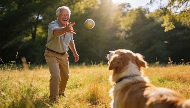 Senior man playing fetch with golden retriever in sunlit meadow during golden hour