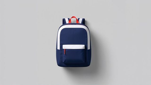 Minimalistic navy backpack with red straps on gray background