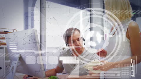 Futuristic Data Interface in Modern Office Workspace