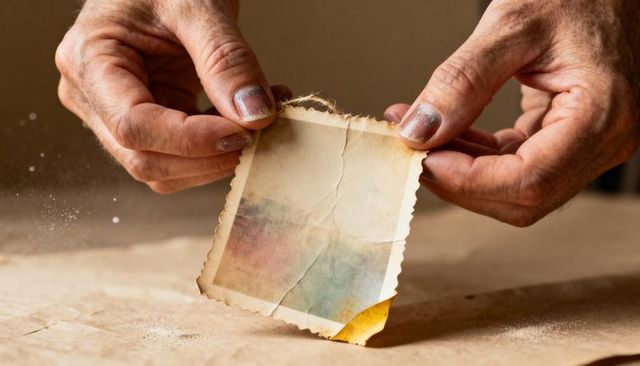 Senior hands holding creased vintage print on dusty tabletop evoking nostalgia