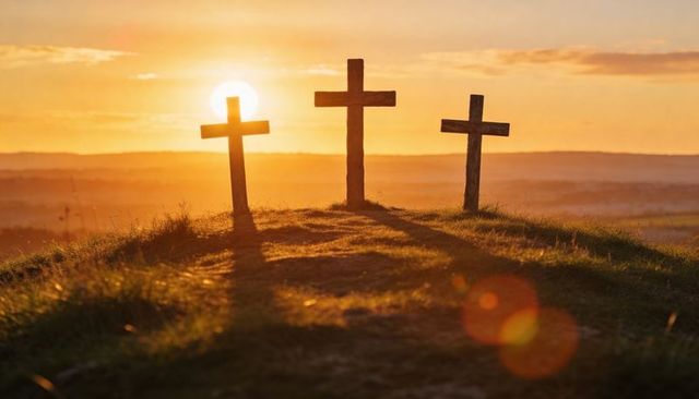 Standing three weathered wooden crosses silhouetting hilltop at golden sunset with long shadows