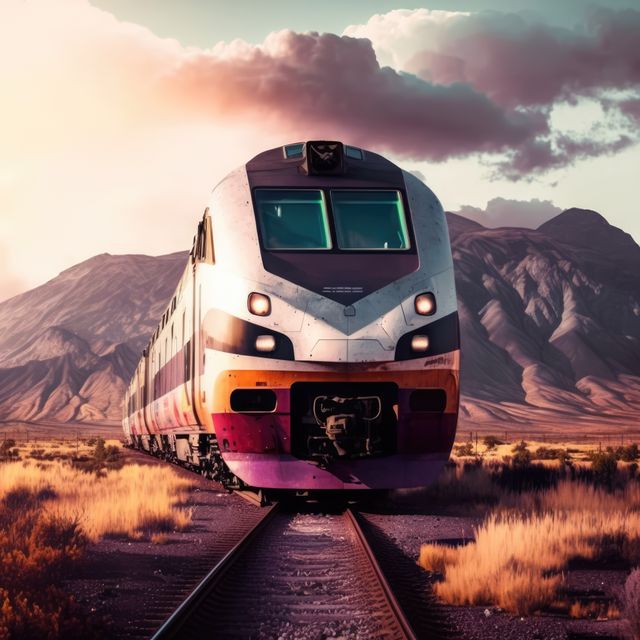Image of modern train on tracks over mountains and clouds, created using generative ai technology. Transport, travel and train, digitally generated image.
