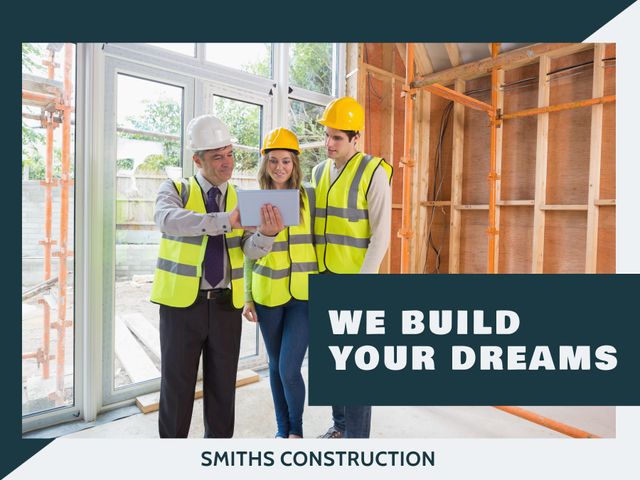 Use this for marketing construction firms, highlighting teamwork and professionalism. Emphasize safety and collaborative effort in real estate projects and construction management.