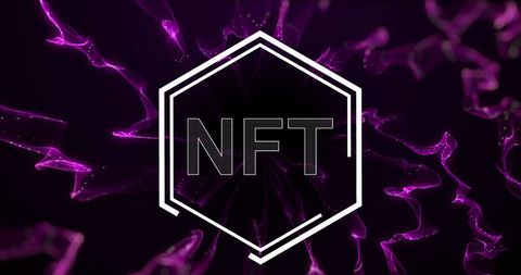 Nft hexagon over purple digital waves