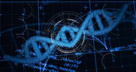 Futuristic dna helix in digital matrix with hud interface