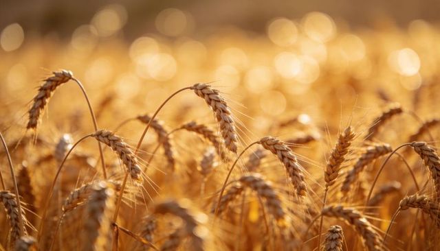 Sunlit ripe wheat heads close-up glowing in golden hour backlight with warm bokeh highlights